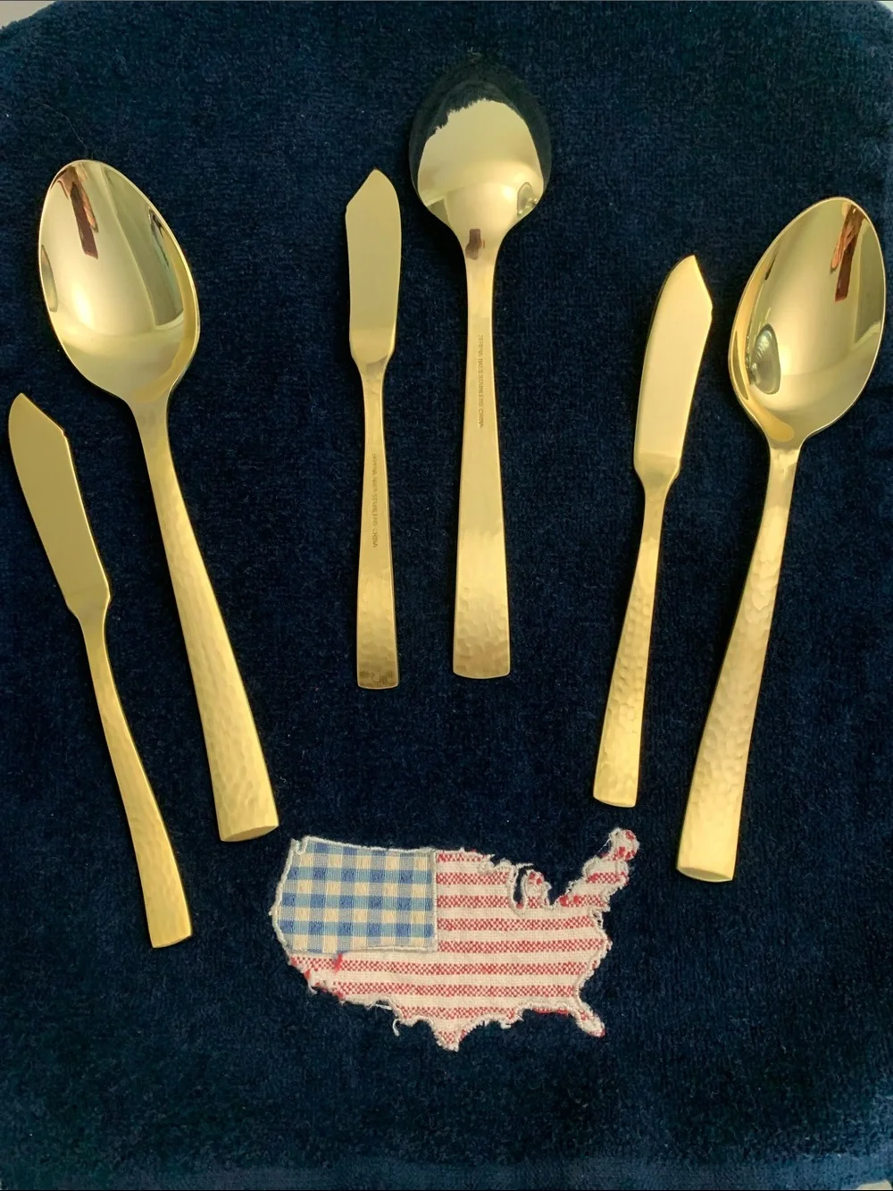 Hammered Gold Flatware Serving Set - 6 Polished Gold Spreaders & Spoons NWOT